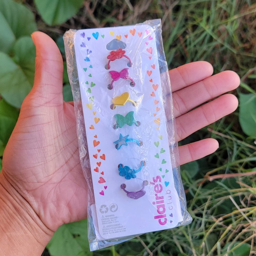 New Claire's Club little girl rainbow flowers, hearts, butterfies, star rings